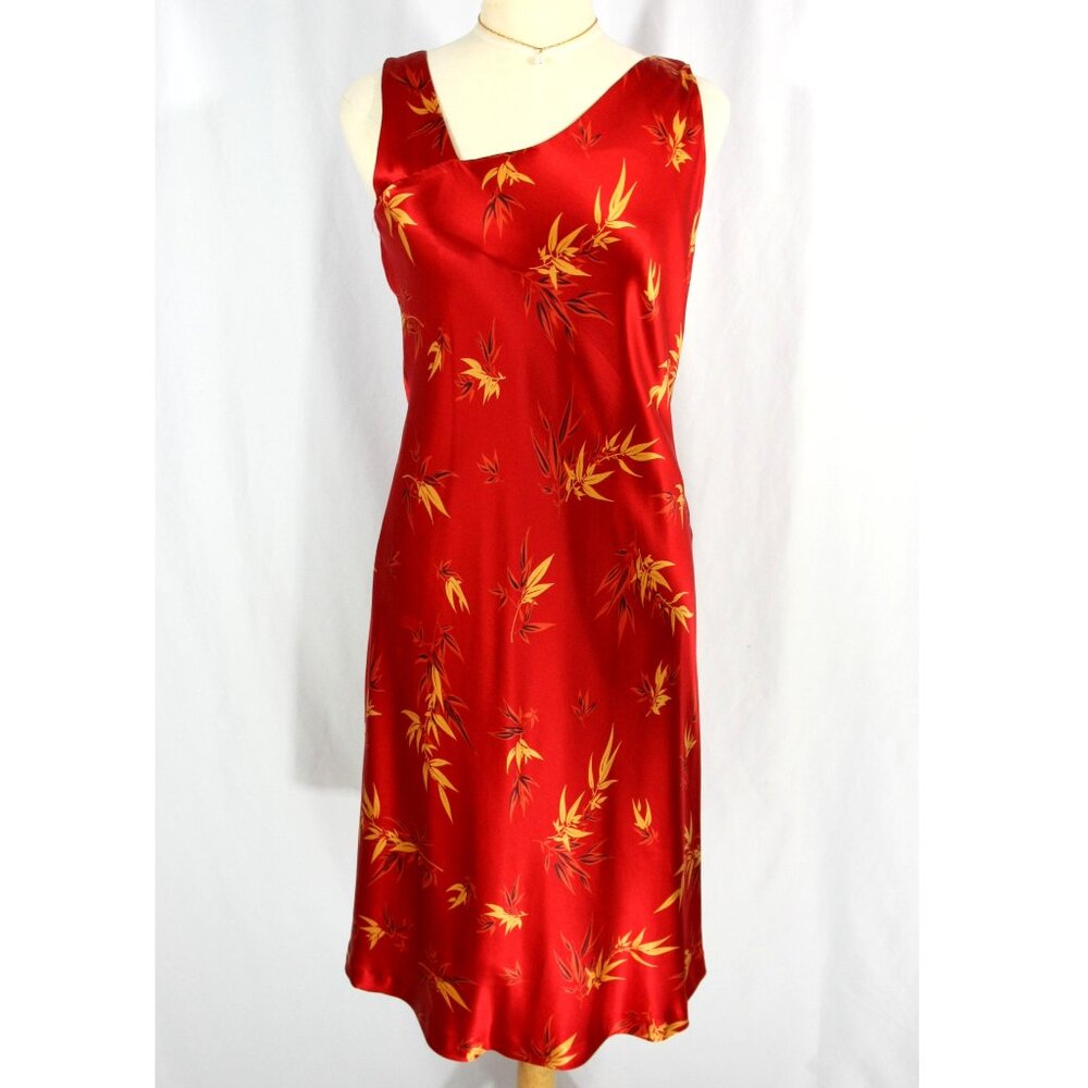 NWT DKNY City Silk Satin Asian Bamboo Leaf Print Offset Cocktail Dress Red 8 NEW